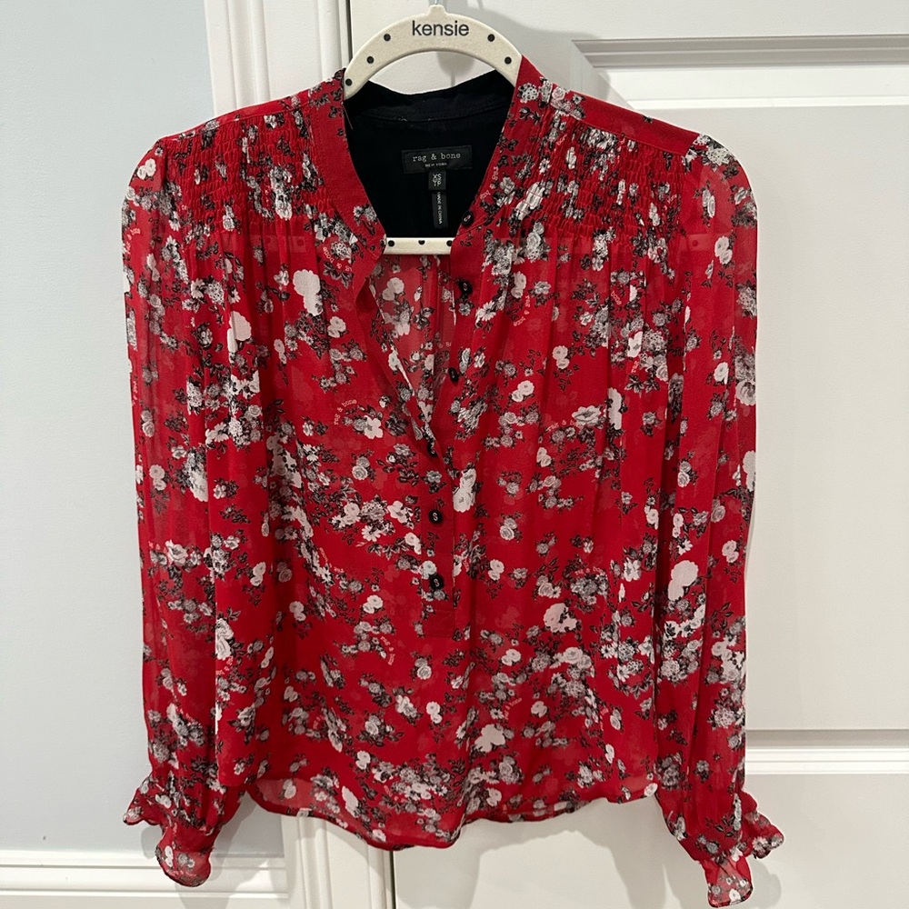 Rag&Bone Red Floral Blouse 100% Silk Long Sleeve Size XS